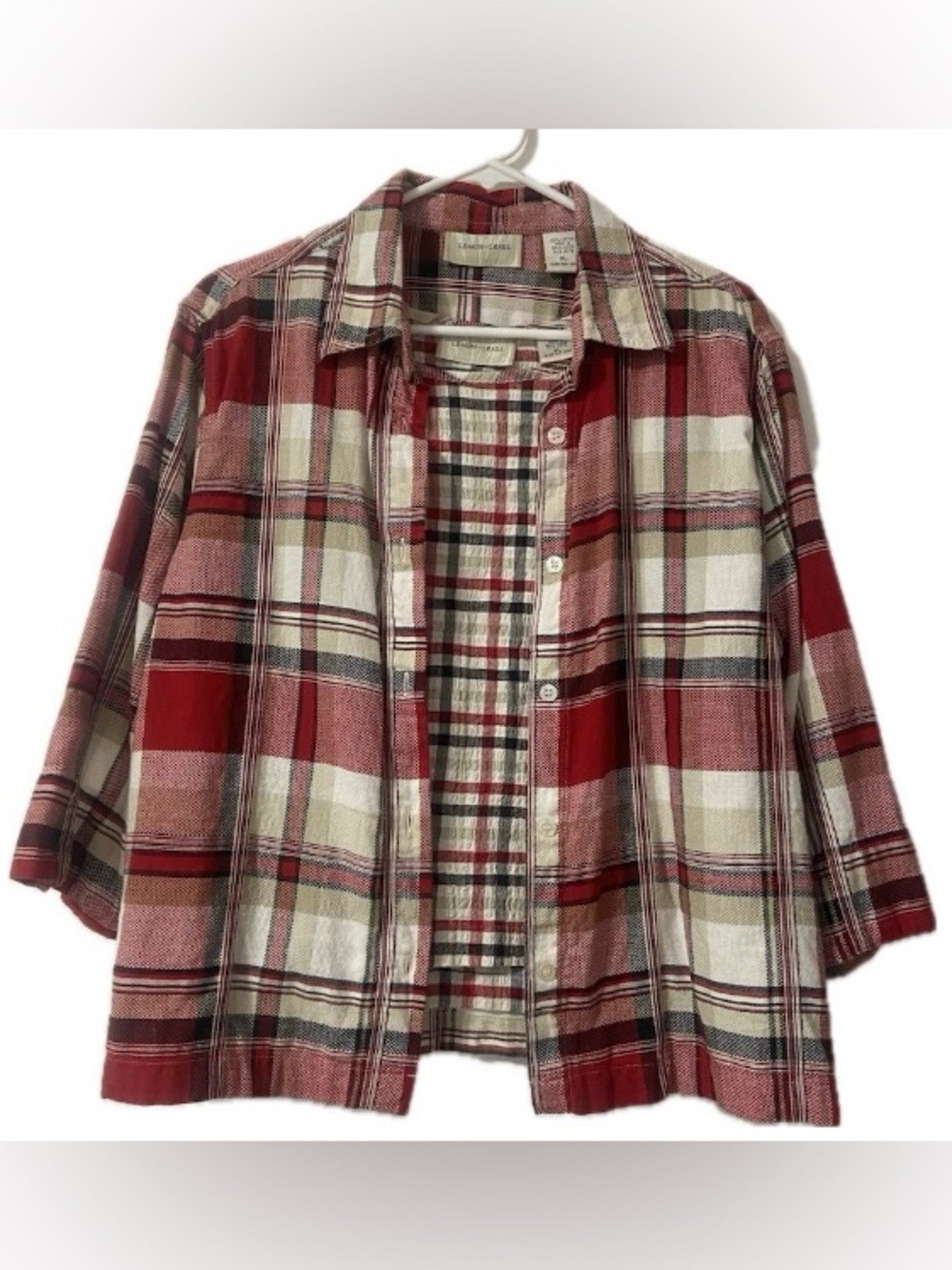 Vtg Lemon Grass Red Plaid Seersucker 2 Piece XL Cottagecore Grandmacore Western